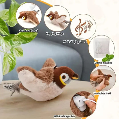 Hot Rechargeable Interactive Simulated Bird Cat Toy Touch Activated Chirping Flapping No Flying Plush Pet Toy for Cats Dogs