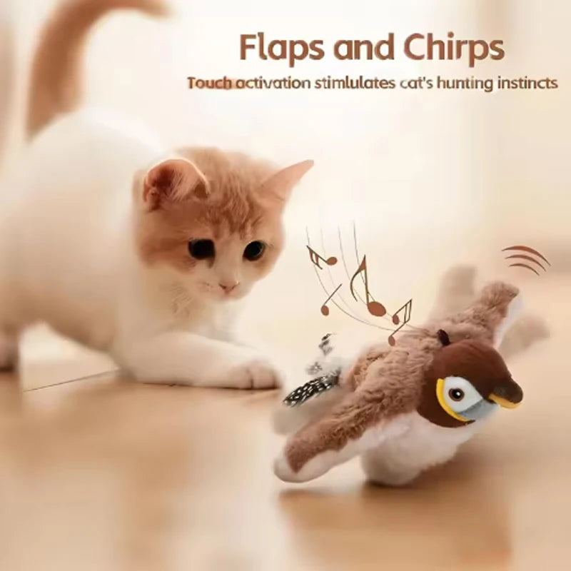 Hot Rechargeable Interactive Simulated Bird Cat Toy Touch Activated Chirping Flapping No Flying Plush Pet Toy for Cats Dogs