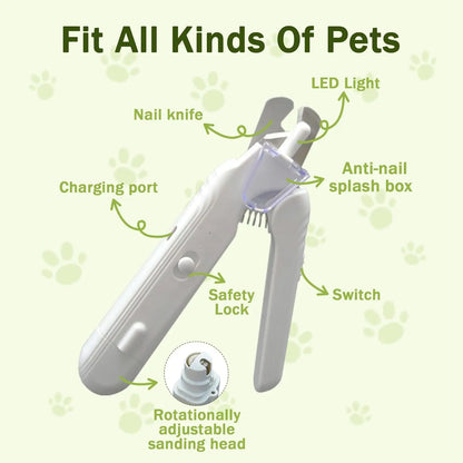 2-in-1 pet nail clippers with LED light Stainless steel cat and dog nail clippers and grinder in one Silent nail grinder