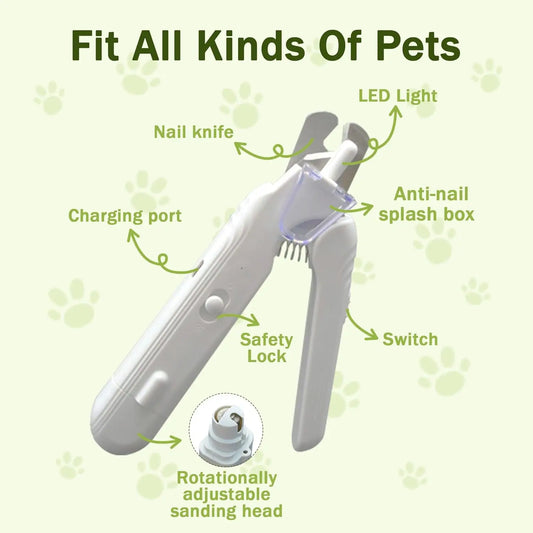 2-in-1 pet nail clippers with LED light Stainless steel cat and dog nail clippers and grinder in one Silent nail grinder