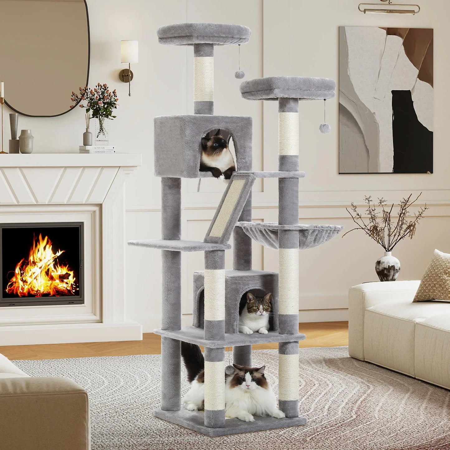 Luxurious Cat Tree Tower with Natural Scratching Posts,Cozy Condo&Hammock,Cat Scratching Board,Cat Toys for Multi-Cat households
