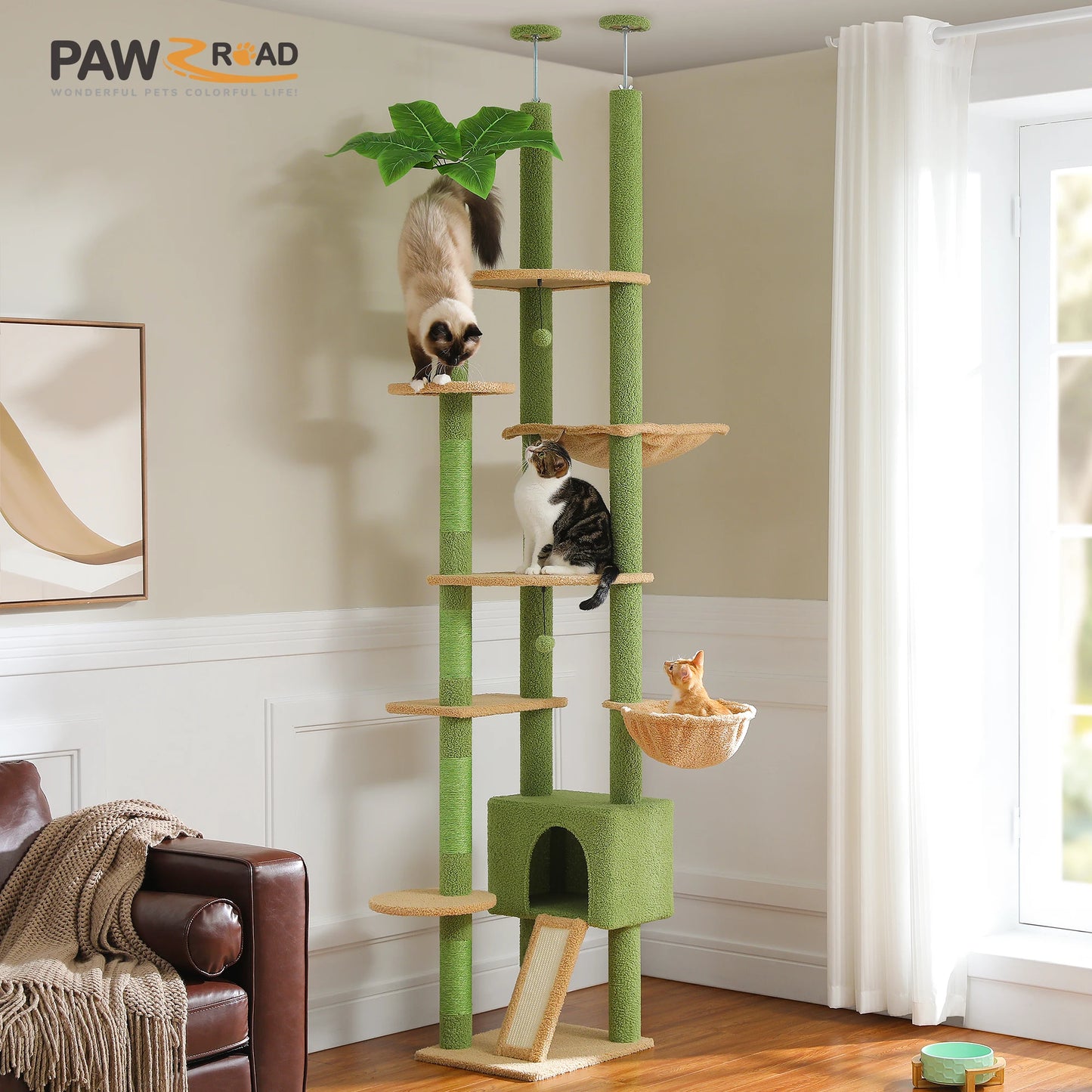 Floor to Ceiling Tall Cat Tree with Cozy Condo Hammock Sisal Scratching Post Adjustable Height Cat Tower for Indoor, 230cm-252cm