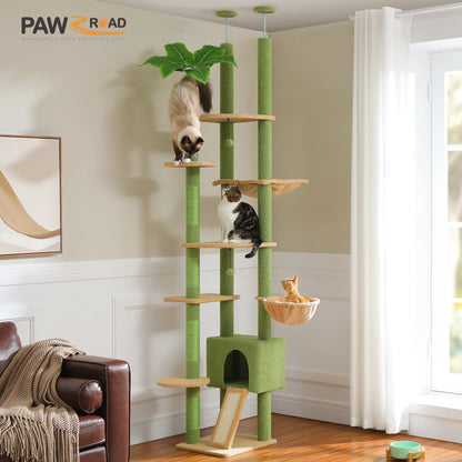 Floor to Ceiling Tall Cat Tree with Cozy Condo Hammock Sisal Scratching Post Adjustable Height Cat Tower for Indoor, 230cm-252cm