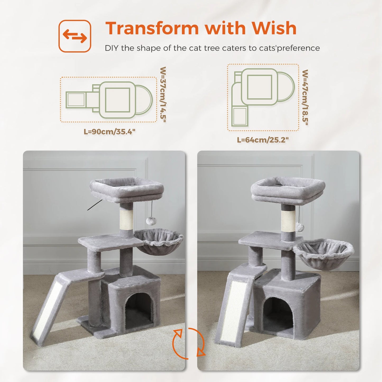 Cat tree Cat Tower for Indoor Cats 2 Styles Cat Activity Tree with Cat Scratching Posts Big Hammock and Removable Top Perch Grey