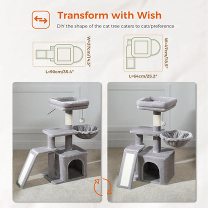 Cat tree Cat Tower for Indoor Cats 2 Styles Cat Activity Tree with Cat Scratching Posts Big Hammock and Removable Top Perch Grey
