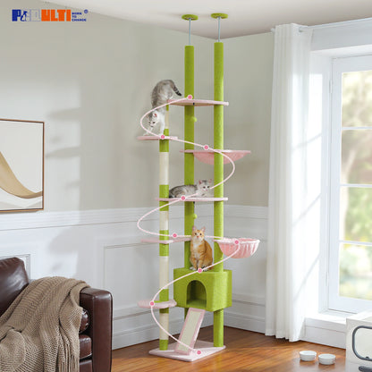 Floor to Ceiling Tall Cat Tree with Cozy Condo Hammock Sisal Scratching Post Adjustable Height Cat Tower for Indoor, 230cm-252cm