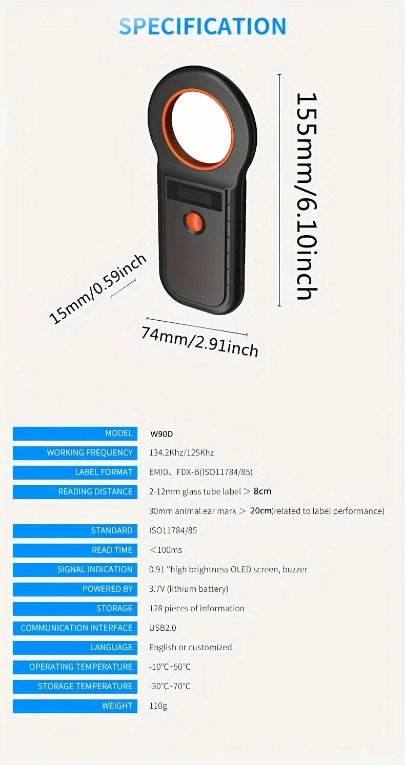 Bluetooth/USB Animal Tag Reader RFID Reader Ear Tag Reader Pet Chip Scanner Pet Microchip Reader for Dog Cat Cow Sheep