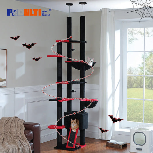 Floor to Ceiling Tall Cat Tree with Cozy Condo Hammock Sisal Scratching Post Adjustable Height Cat Tower for Indoor, 230cm-252cm