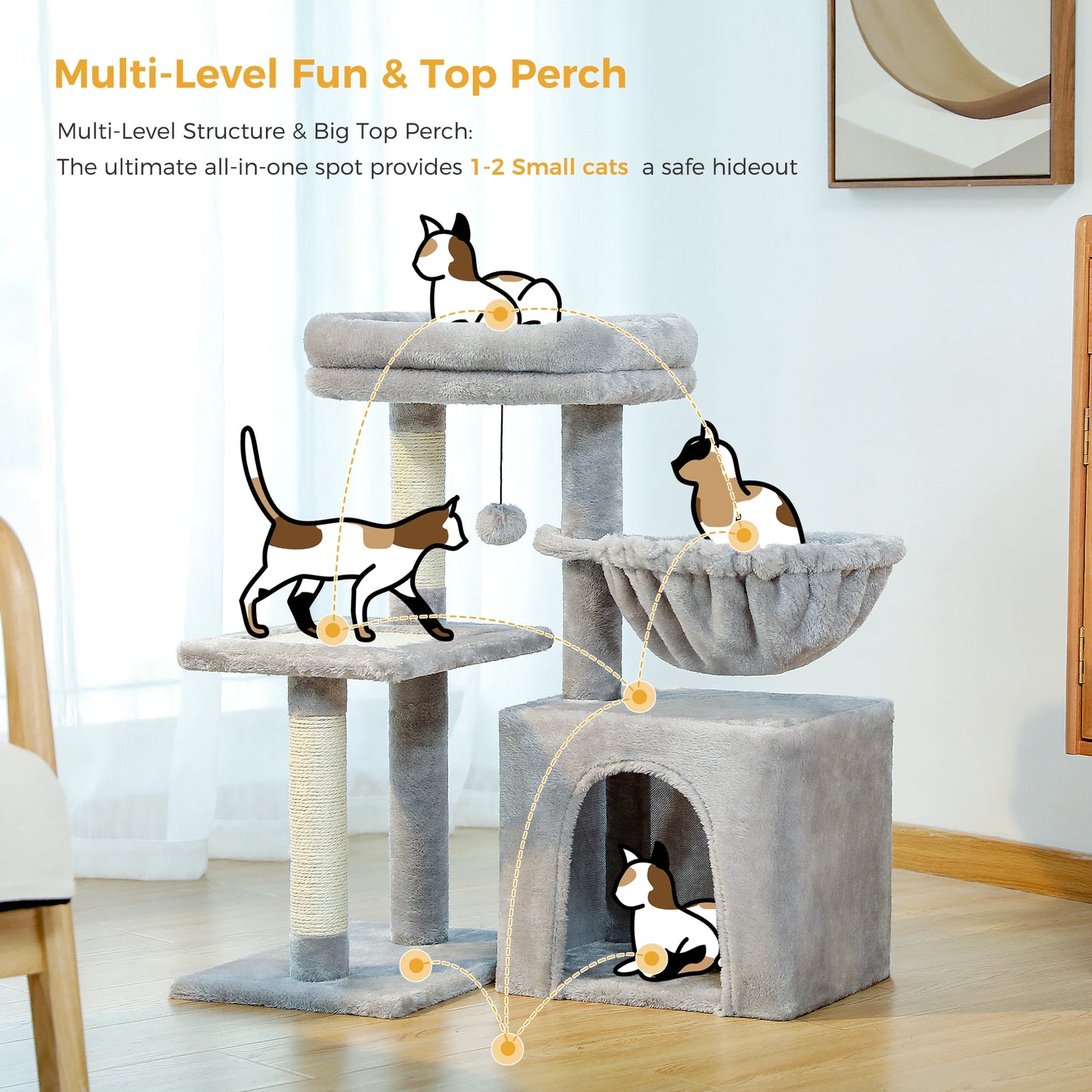 Cat tree Cat Tower for Indoor Cats 2 Styles Cat Activity Tree with Cat Scratching Posts Big Hammock and Removable Top Perch Grey