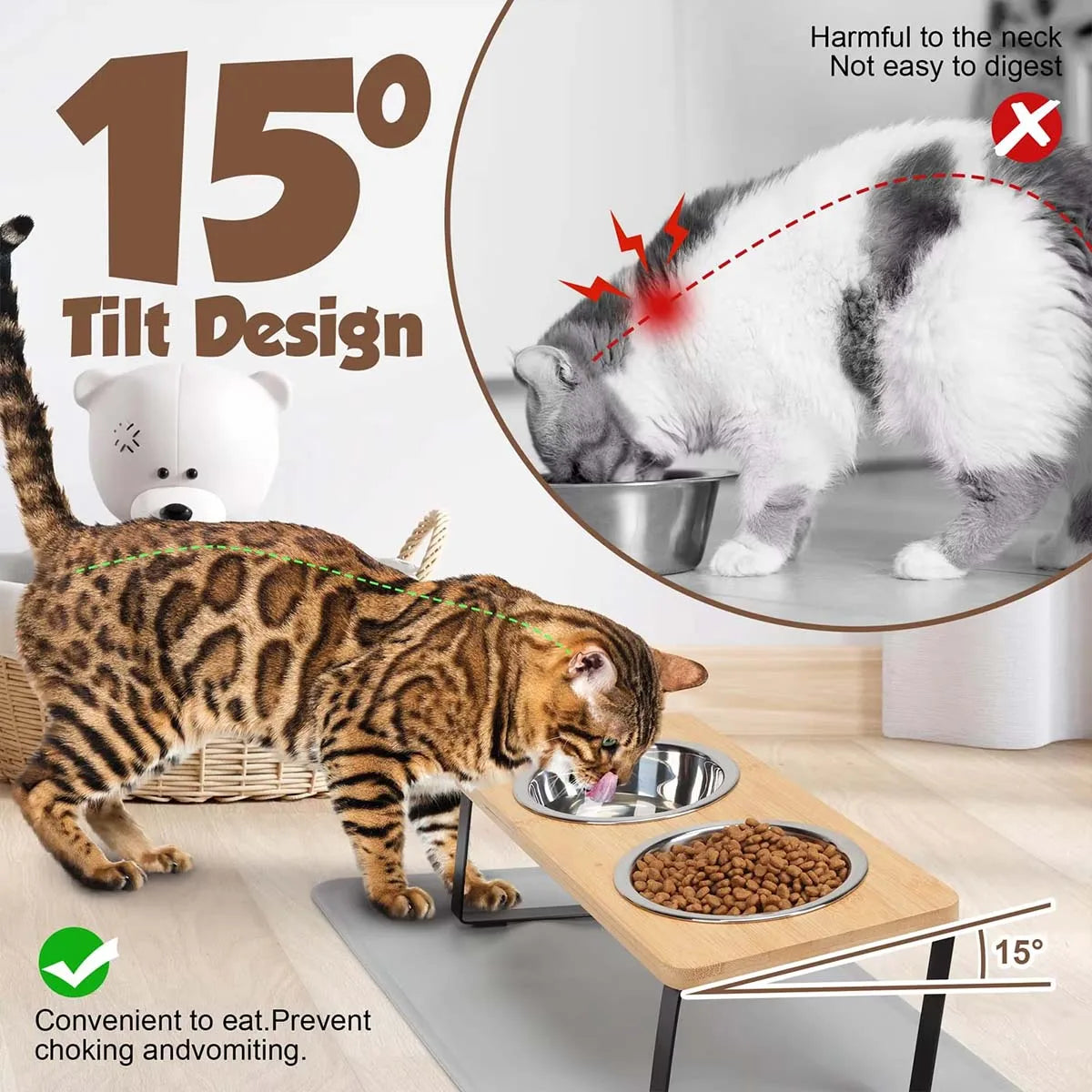 Elevated Pet Bowls Raised Cat Bowl With Stainless Steel & 15° Tilted Design Anti Vomiting Non-Slip Feeder For All Cats And Puppy
