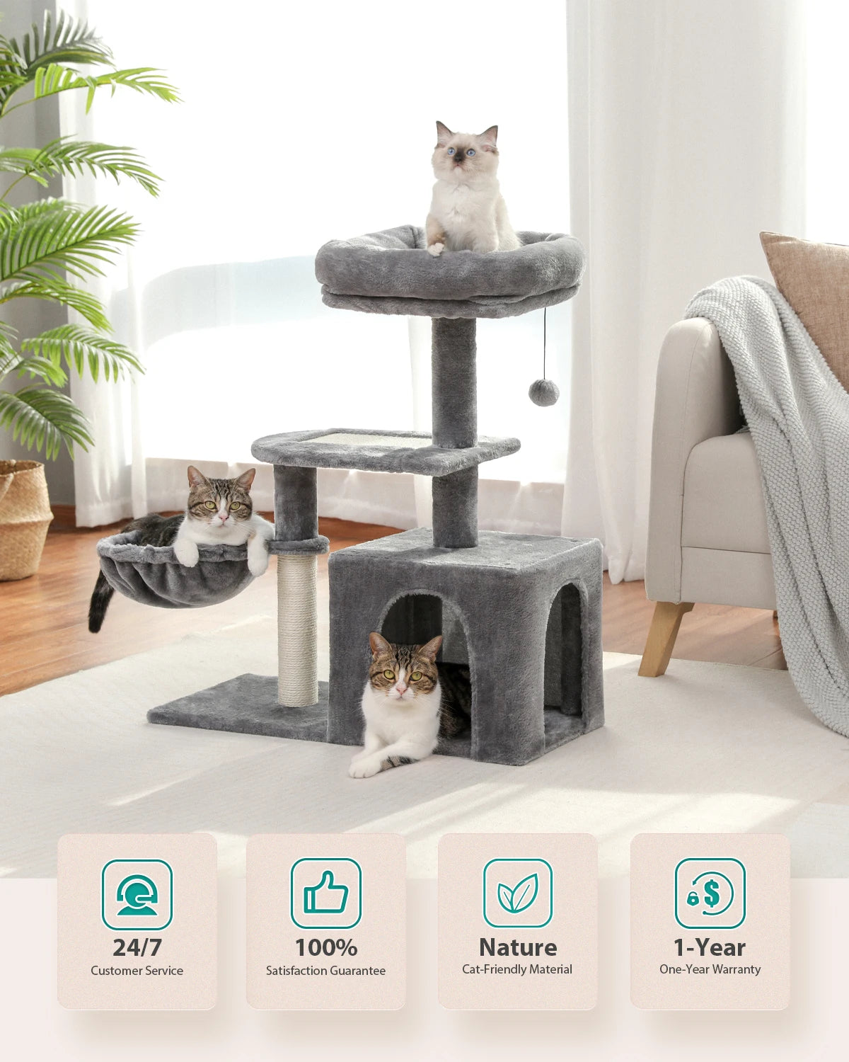 Cat tree Cat Tower for Indoor Cats 2 Styles Cat Activity Tree with Cat Scratching Posts Big Hammock and Removable Top Perch Grey