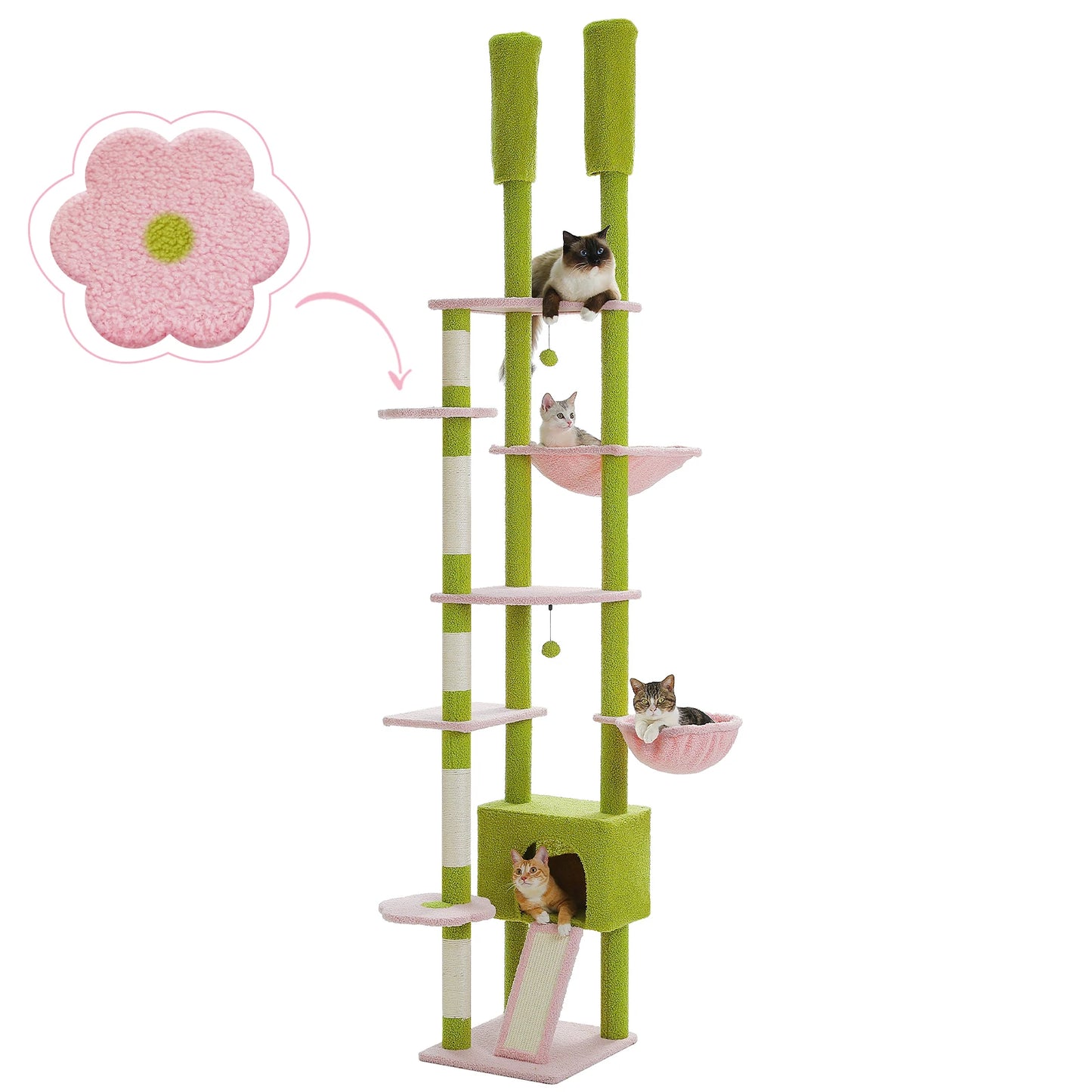 Floor to Ceiling Tall Cat Tree with Cozy Condo Hammock Sisal Scratching Post Adjustable Height Cat Tower for Indoor, 230cm-252cm